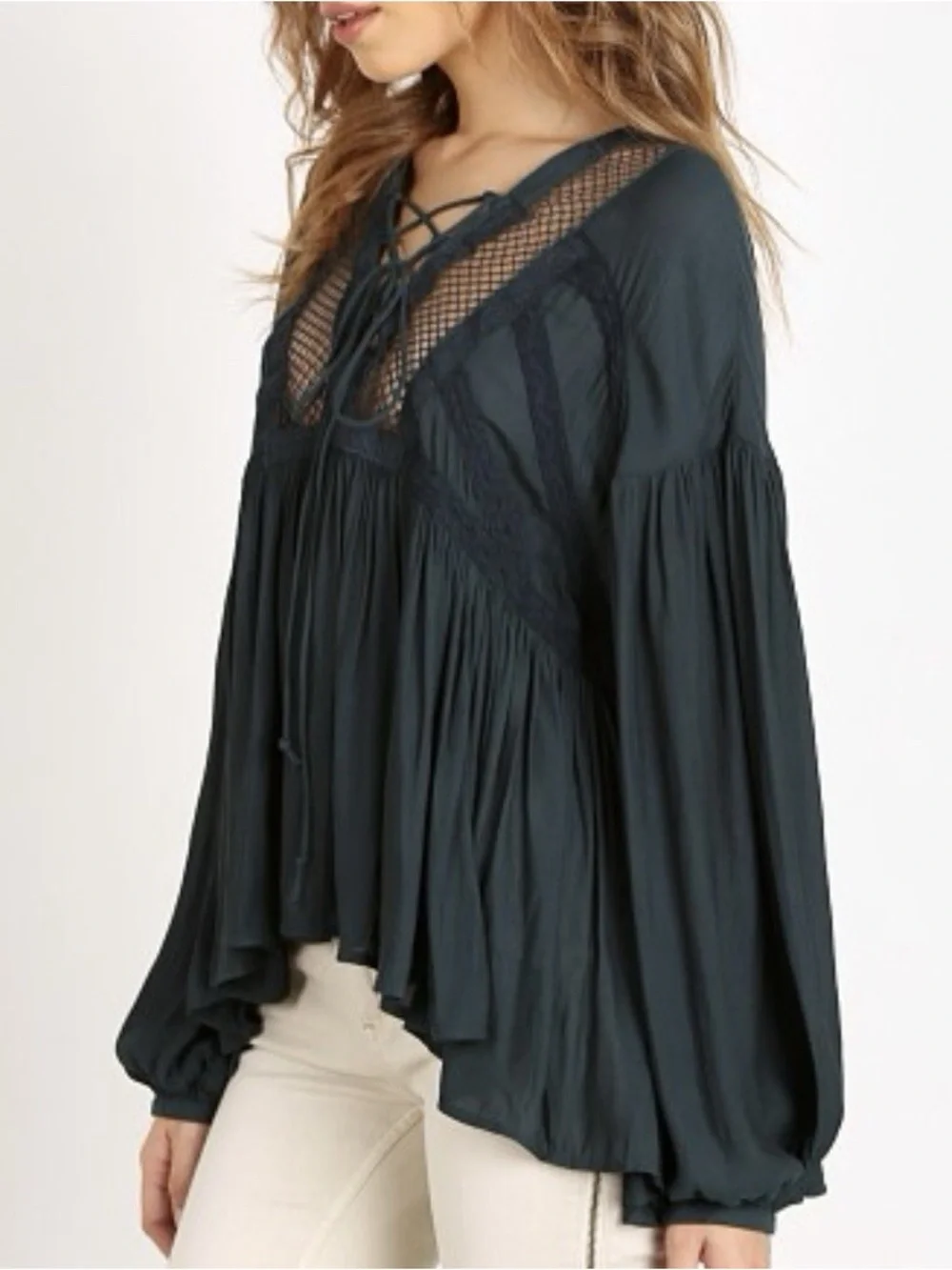 Free People Black Lace-Up Mesh Inset Peasant Blouse